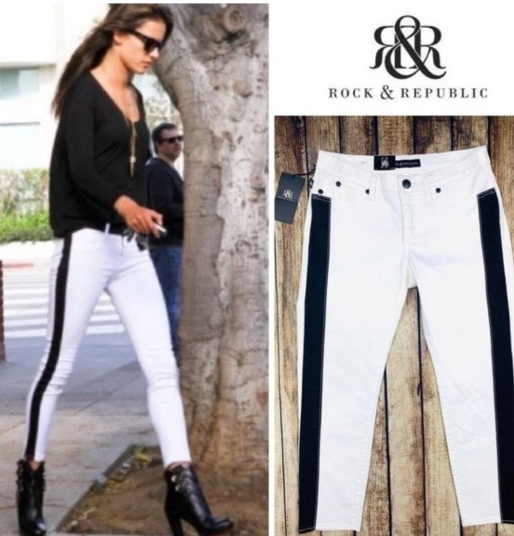 NWT Rock & Republic Carnivale White Side Stripe Skinny Ankle Jeans Size 12 #Moto